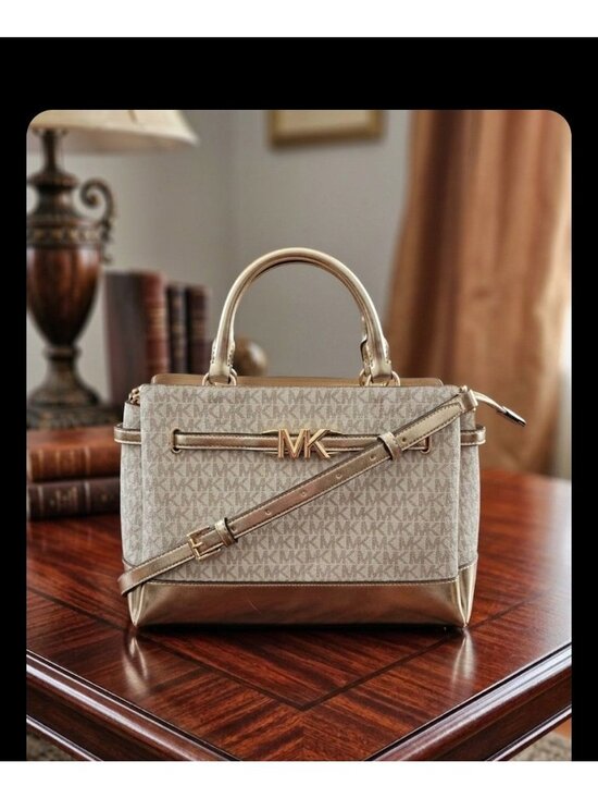 Michael Kors Handbags - Michael Kors Reed Large Belted Vanilla Pale Gold Satchel Crossbody Bag